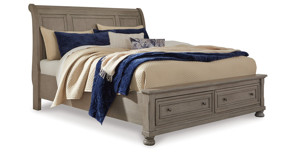Lettner Light Gray Queen Sleigh Bed with 2 Storage Drawers with Mirrored Dresser and Chest from Ashley Furniture - Luna Furniture