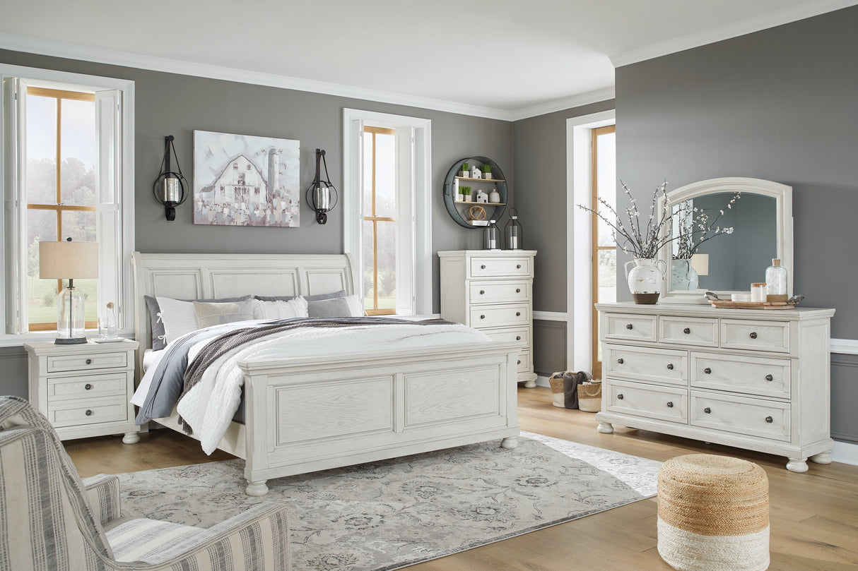 Robbinsdale Antique White King Sleigh Bed, Dresser and Mirror from Ashley Furniture - Luna Furniture