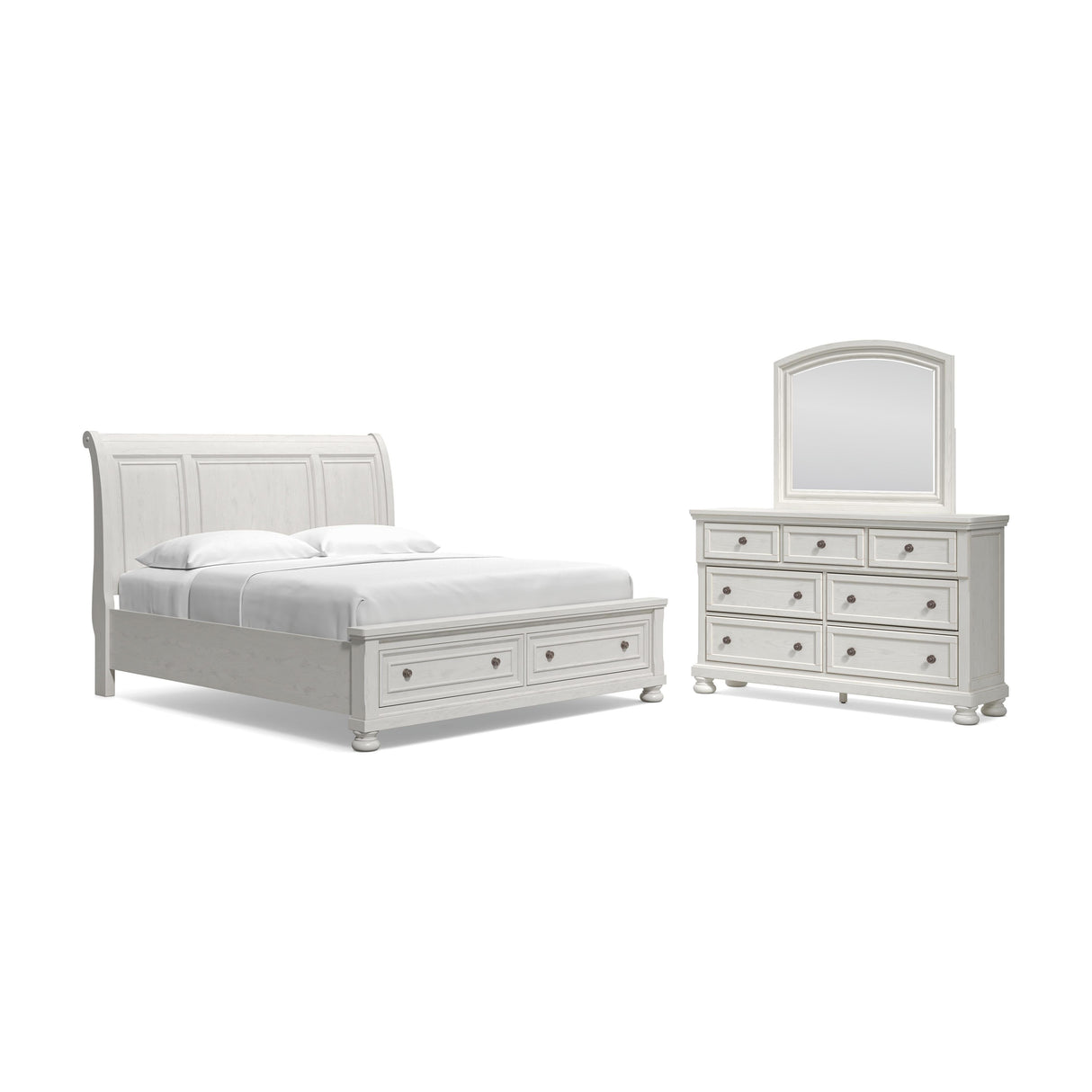Robbinsdale California King Sleigh Bed with Storage with Mirrored Dresser in Antique White from Ashley - Luna Furniture