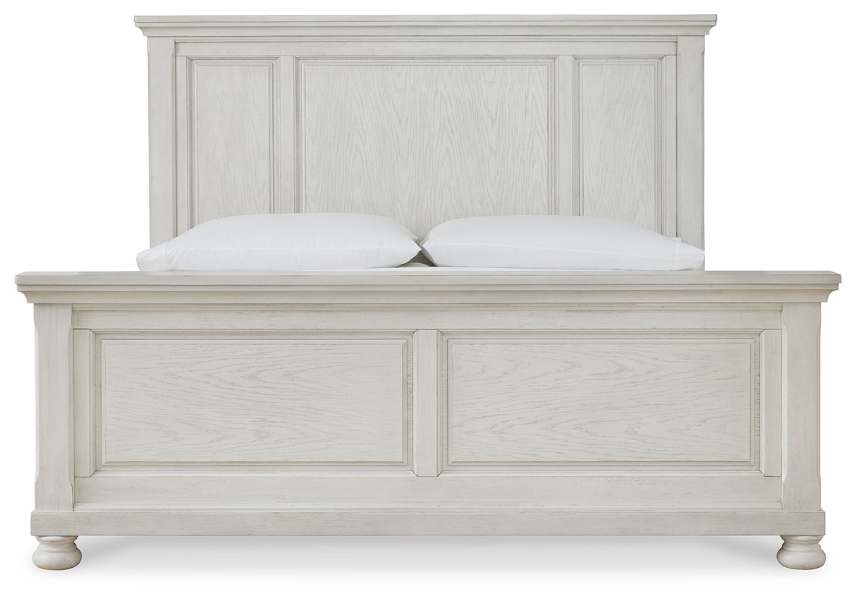 Robbinsdale King Panel Bed with Mirrored Dresser, Chest and 2 Nightstands in Antique White from Ashley - Luna Furniture