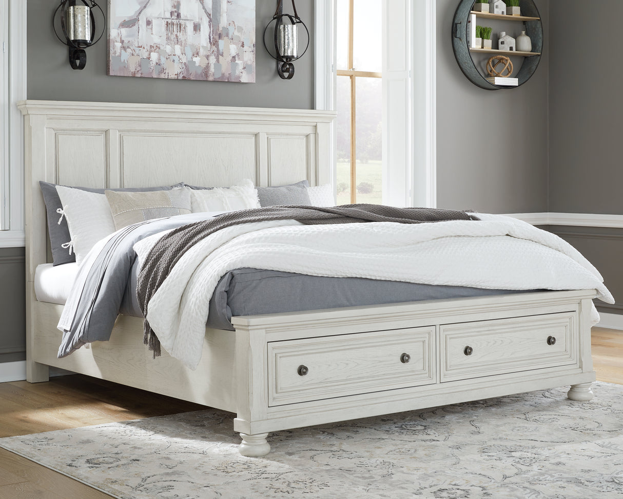 Robbinsdale Antique White King Panel Storage Bed, Dresser and Mirror from Ashley Furniture - Luna Furniture
