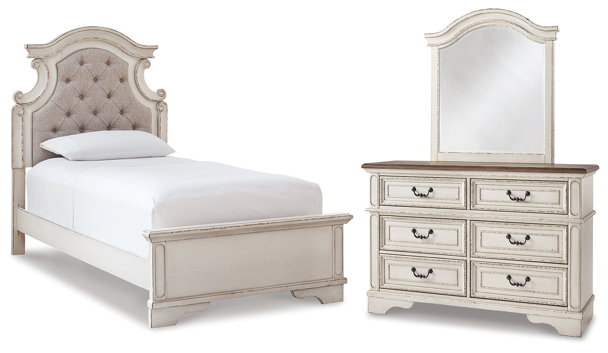 Realyn Chipped White Twin Panel Bed with Mirrored Dresser from Ashley Furniture - Luna Furniture