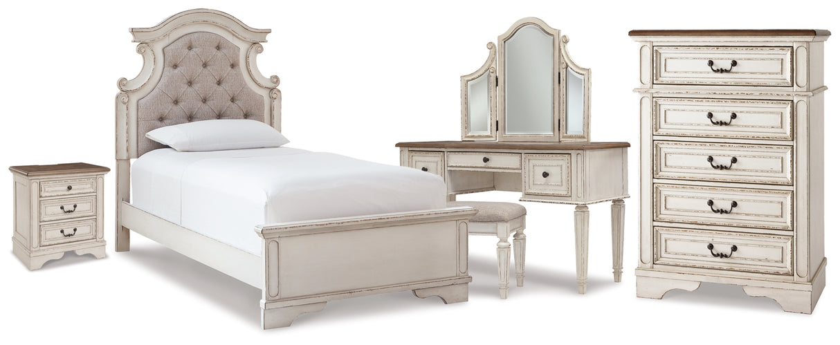 Realyn Antiqued Two-Tone Twin Upholstered Panel Bed, Chest, Vanity and Nightstand from Ashley Furniture - Luna Furniture