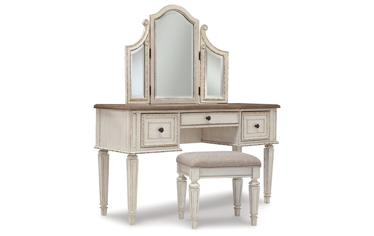 Realyn Antiqued Two-Tone Twin Upholstered Panel Bed, Chest, Vanity and Nightstand from Ashley Furniture - Luna Furniture
