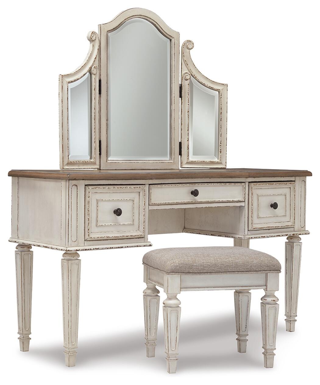 Realyn Chipped White Twin Upholstered Panel Bed, Chest, Vanity and Nightstand from Ashley - Luna Furniture