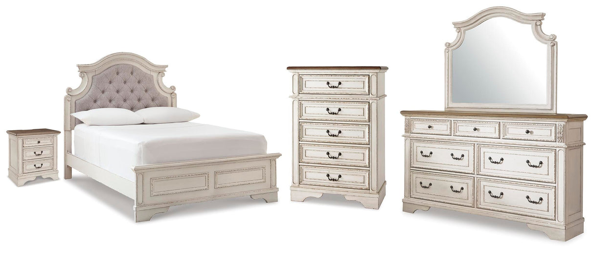 Realyn Antique Two-Tone Full Upholstered Panel Bed, Dresser, Mirror, Chest and Nightstand from Ashley Furniture - Luna Furniture