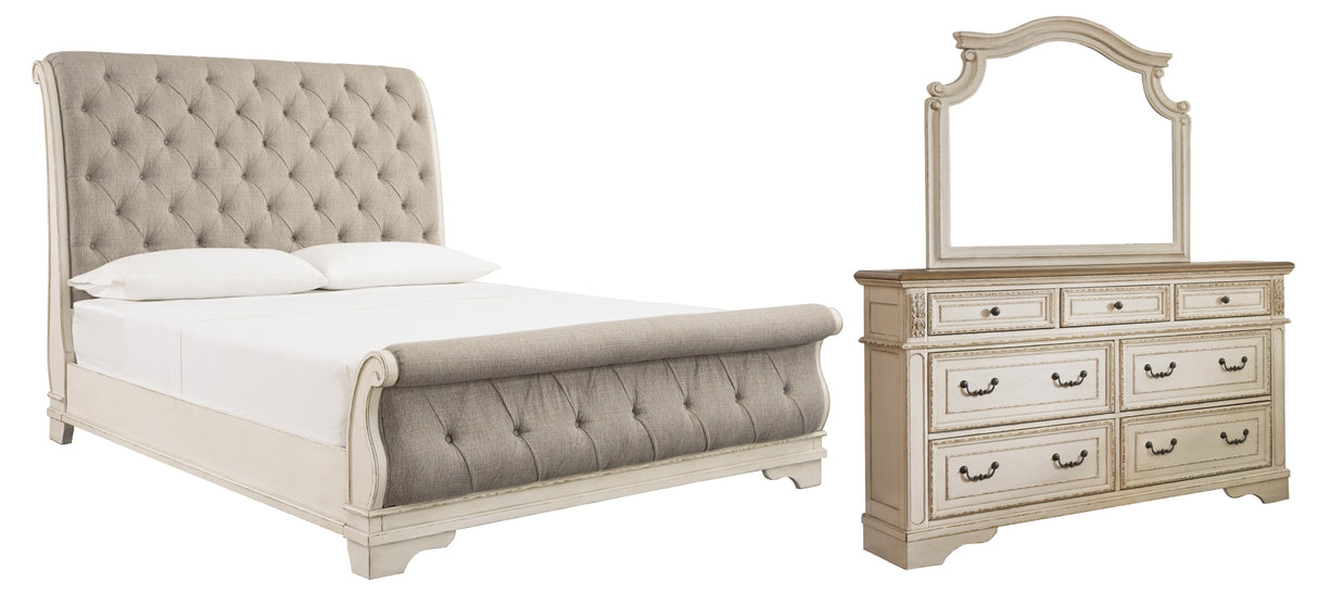 Realyn Chipped White King Sleigh Bed with Mirrored Dresser from Ashley Furniture - Luna Furniture