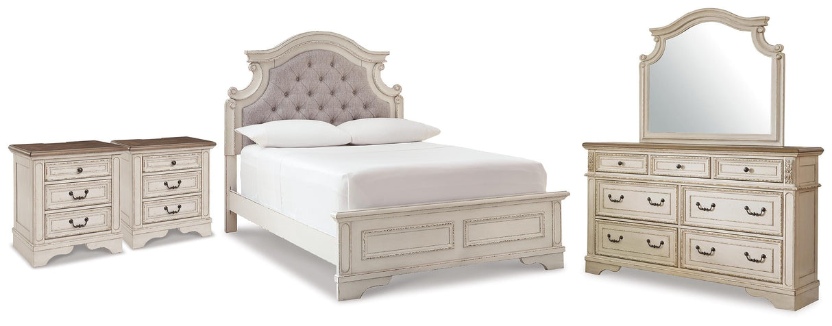 Realyn Two-tone Full Upholstered Panel Bed, Dresser, Mirror and 2 Nightstands from Ashley - Luna Furniture