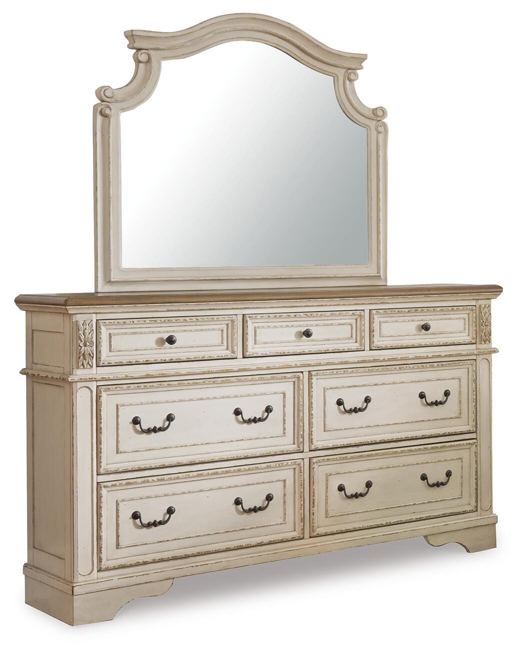 Realyn Antique Two-Tone Full Upholstered Panel Bed, Dresser, Mirror, Chest and Nightstand from Ashley Furniture - Luna Furniture