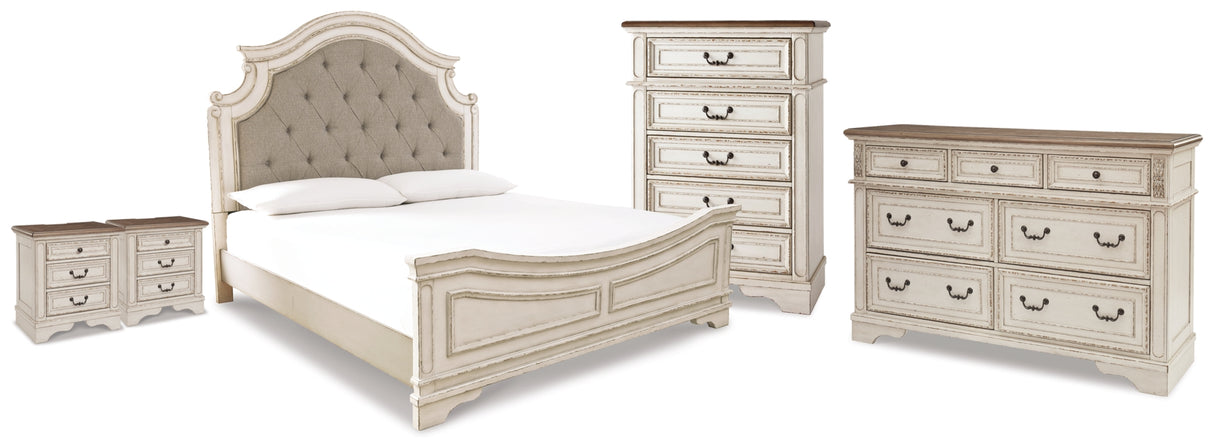 Realyn Chipped White King Upholstered Panel Bed, Dresser, Chest and 2 Nightstands from Ashley - Luna Furniture