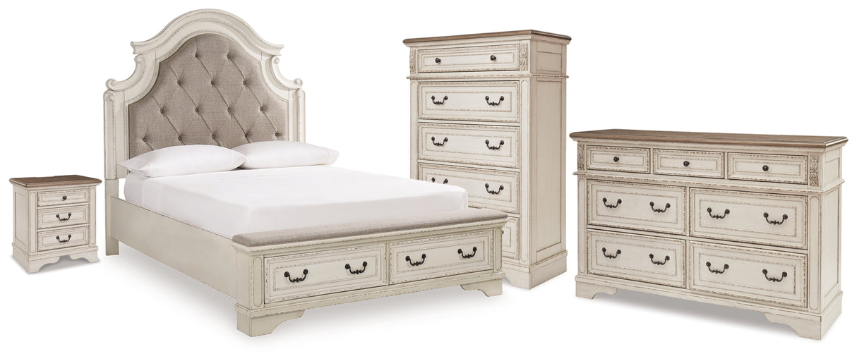 Realyn Chipped White Queen Upholstered Panel Bed, Dresser, Chest and Nightstand from Ashley - Luna Furniture