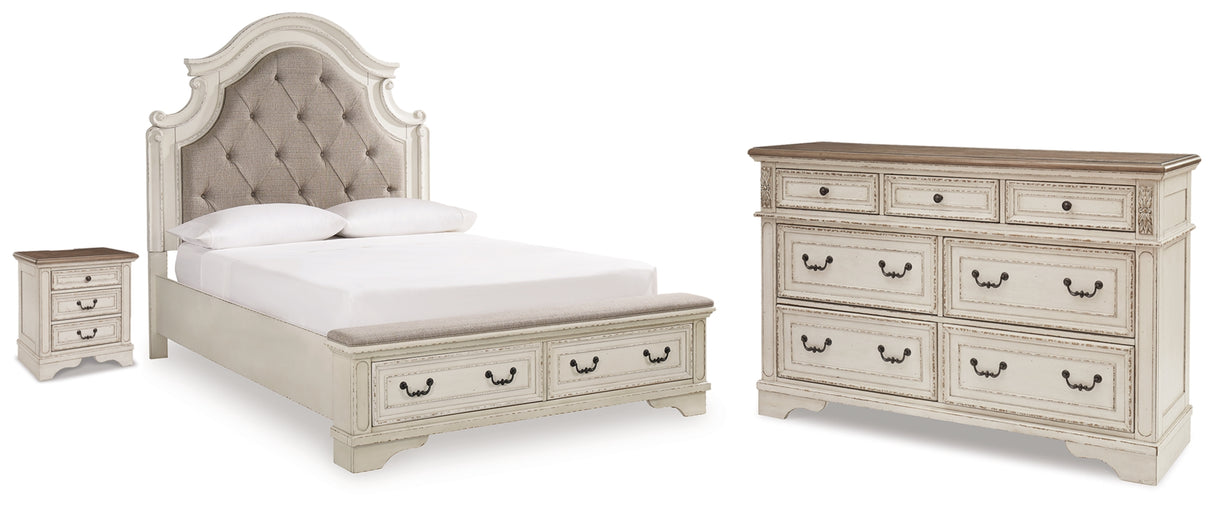 Realyn Antiqued Two Tone Queen Upholstered Storage Bed, Dresser and Nightstand from Ashley Furniture - Luna Furniture