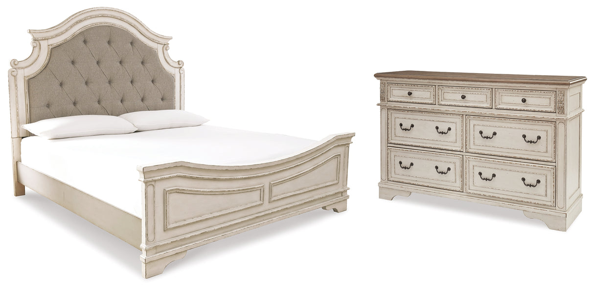 Realyn King Upholstered Panel Bed with Dresser in Chipped White from Ashley - Luna Furniture