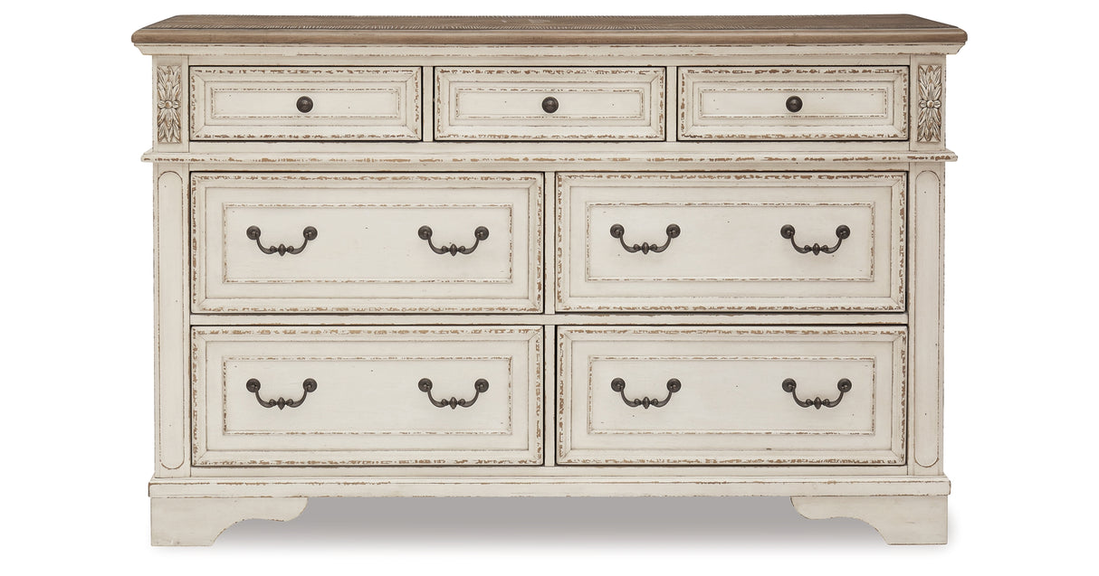 Realyn Antiqued Two Tone Queen Upholstered Storage Bed, Dresser and Nightstand from Ashley Furniture - Luna Furniture