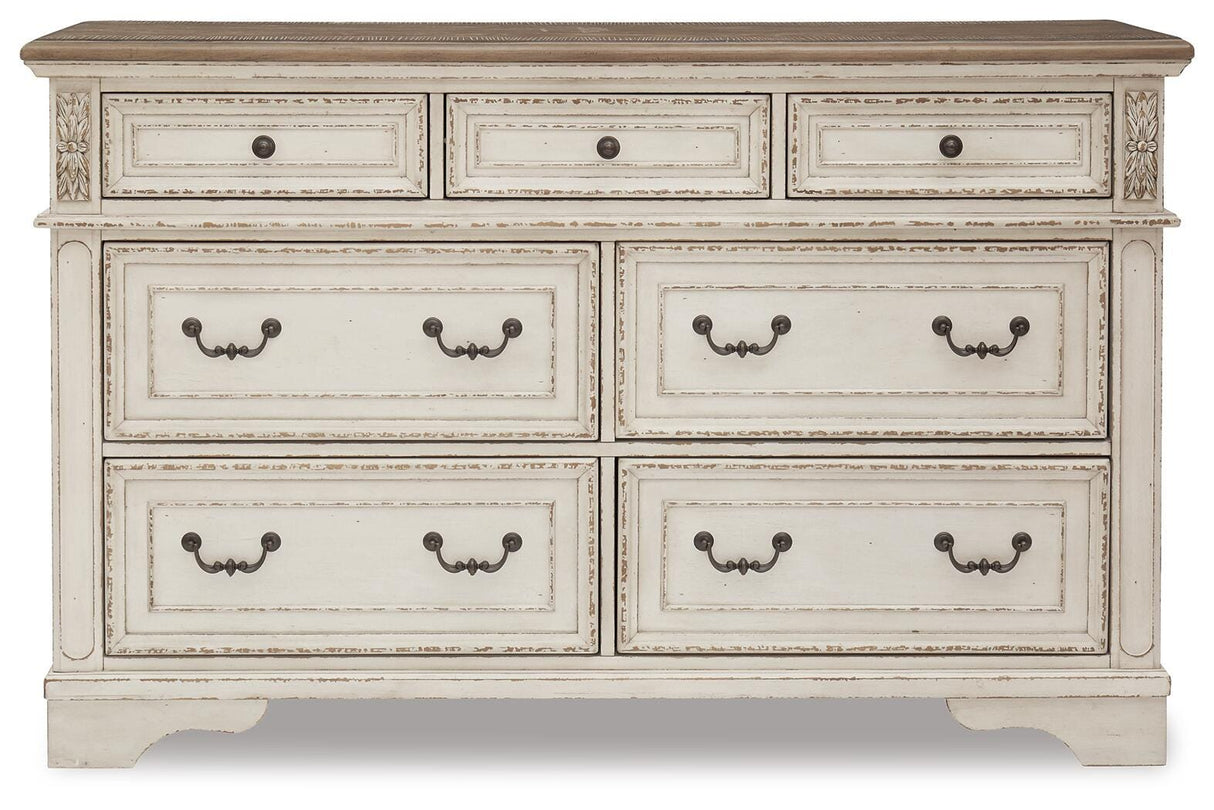 Realyn Chipped White Queen Upholstered Storage Bed, Dresser and Nightstand from Ashley Furniture - Luna Furniture