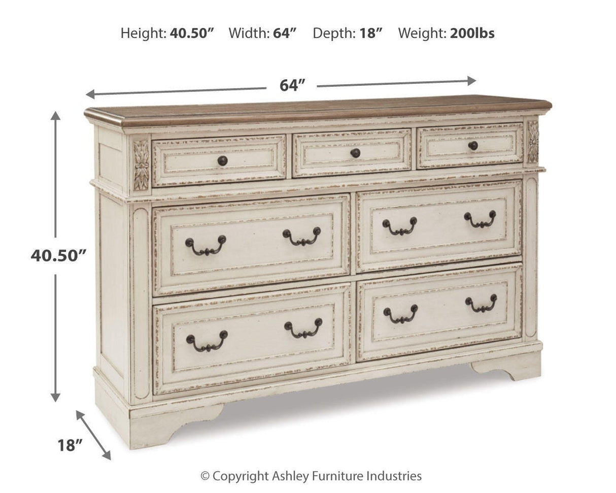 Realyn Chipped White Queen Upholstered Storage Bed, Dresser and Nightstand from Ashley Furniture - Luna Furniture