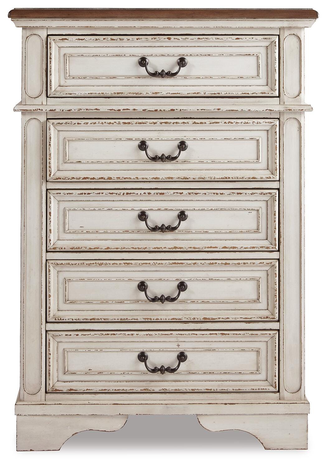 Realyn Antique Two-Tone Full Upholstered Panel Bed, Dresser, Mirror, Chest and Nightstand from Ashley Furniture - Luna Furniture