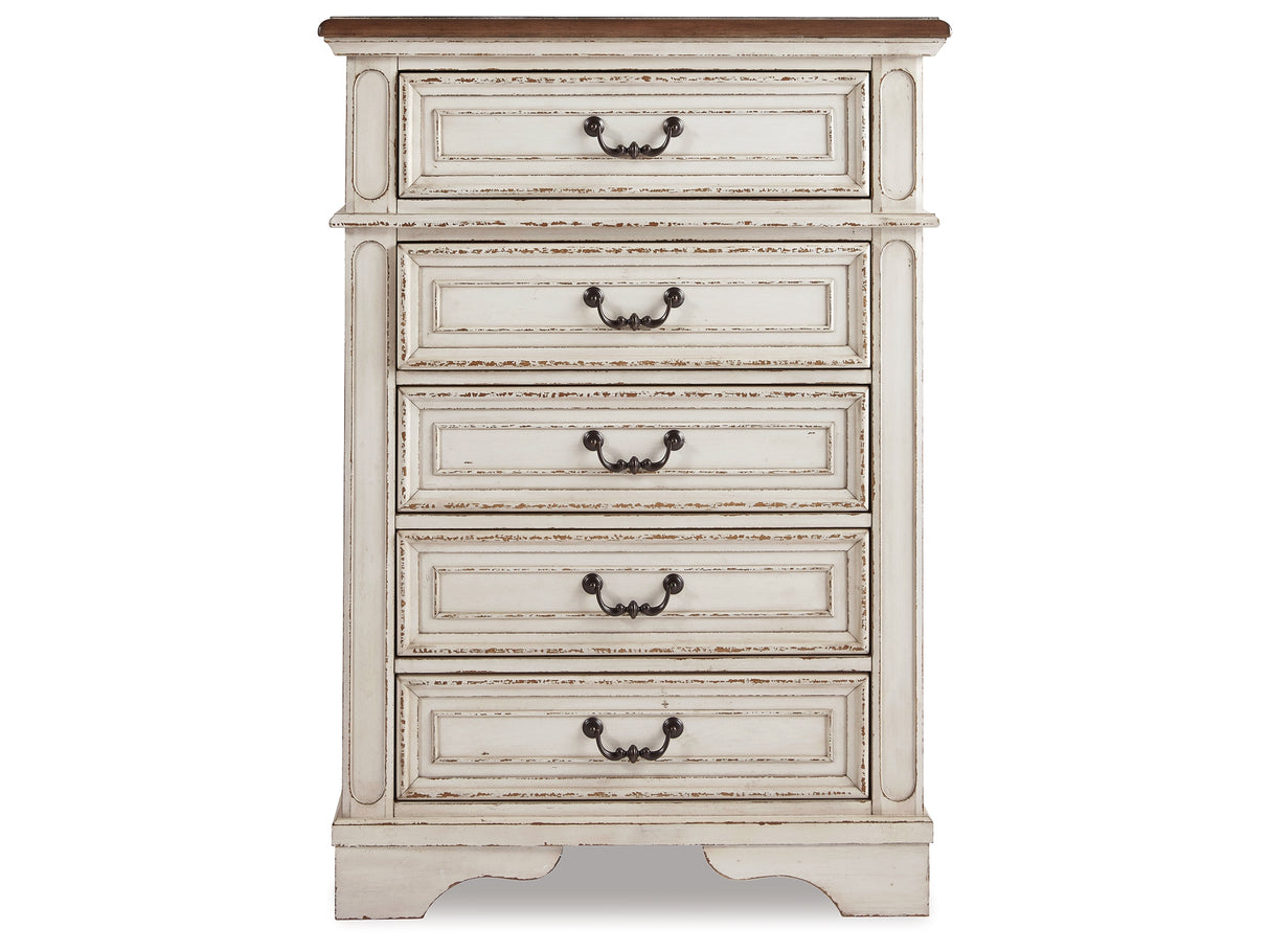 Realyn Antiqued Two-Tone Twin Upholstered Panel Bed, Chest, Vanity and Nightstand from Ashley Furniture - Luna Furniture