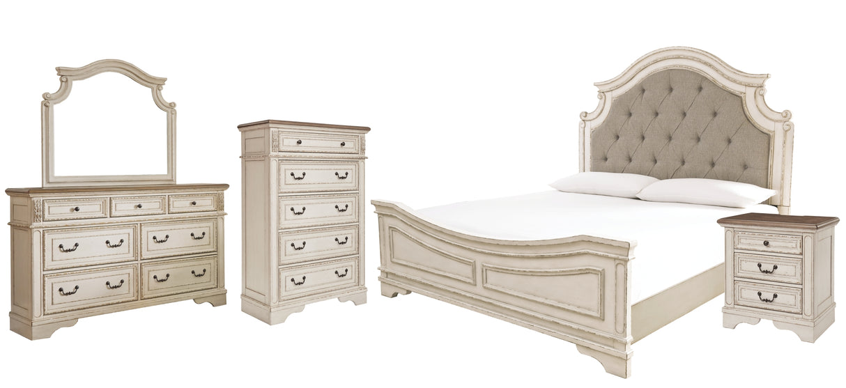 Realyn Chipped White King Upholstered Panel Bed with Mirrored Dresser, Chest and Nightstand from Ashley Furniture - Luna Furniture