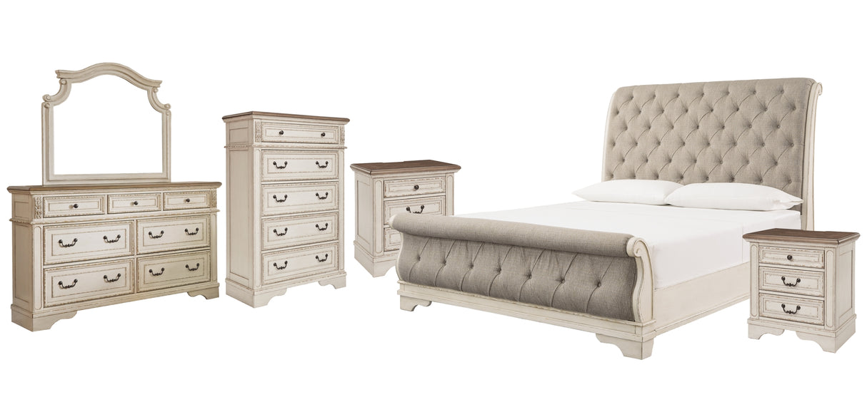 Realyn Light Gray Queen Sleigh Bed with Mirrored Dresser, Chest and 2 Nightstands from Ashley Furniture - Luna Furniture