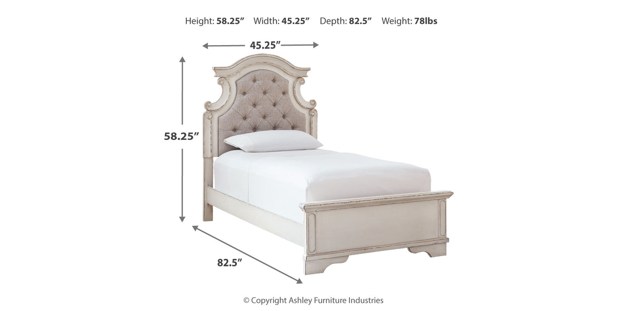Realyn Antiqued Two-Tone Twin Upholstered Panel Bed, Chest, Vanity and Nightstand from Ashley Furniture - Luna Furniture