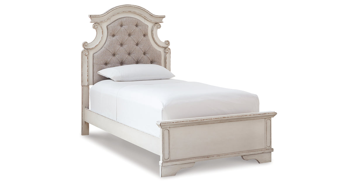 Realyn Antiqued Two-Tone Twin Upholstered Panel Bed, Chest, Vanity and Nightstand from Ashley Furniture - Luna Furniture