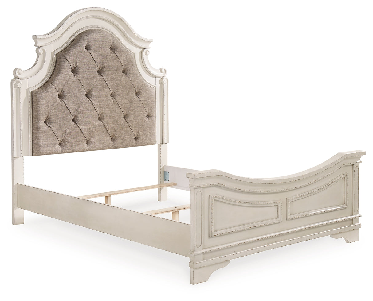 Realyn Queen Upholstered Panel Bed with Mirrored Dresser and 2 Nightstands in Chipped White from Ashley Furniture - Luna Furniture