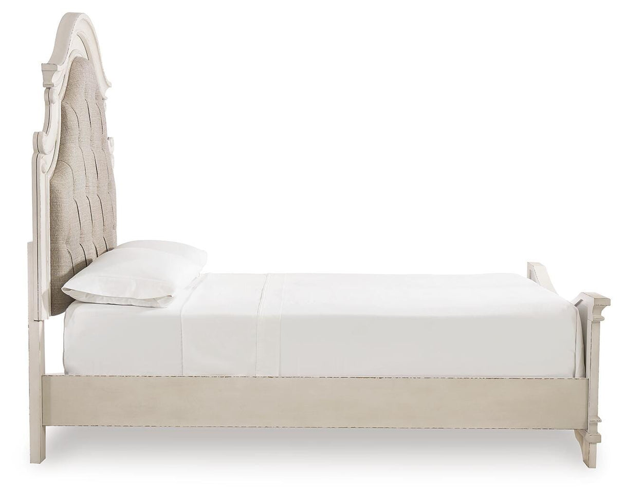 Realyn Chipped White Queen Upholstered Panel Bed, Dresser and Nightstand from Ashley - Luna Furniture
