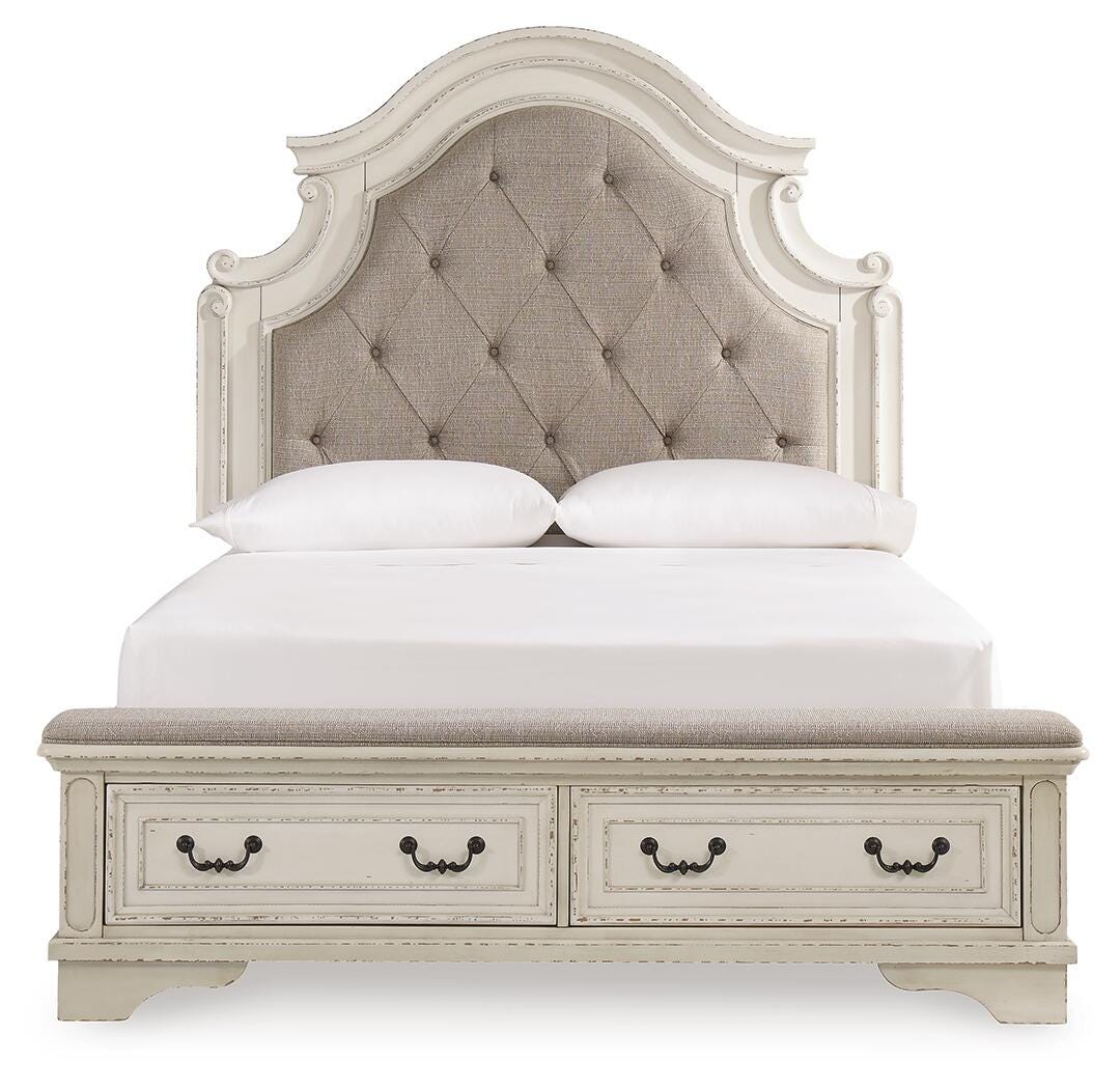 Realyn Chipped White Queen Upholstered Panel Bed, Dresser, Chest and Nightstand from Ashley - Luna Furniture