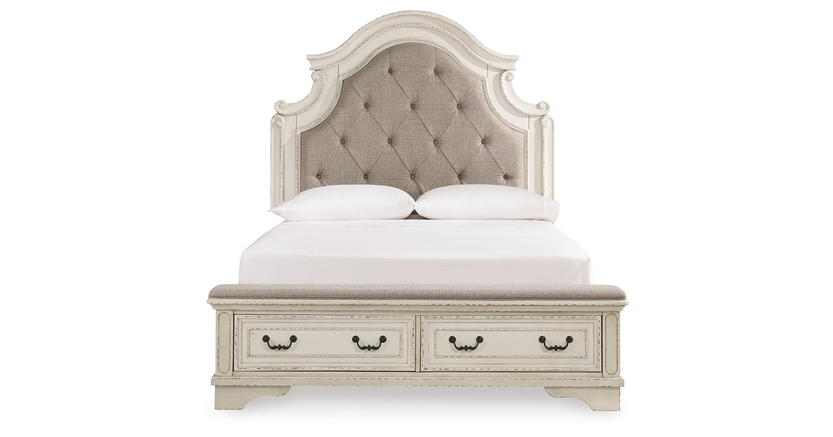 Realyn Antiqued Two Tone Queen Upholstered Storage Bed, Dresser and Nightstand from Ashley Furniture - Luna Furniture
