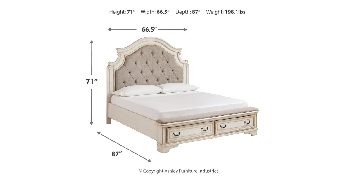 Realyn Antiqued Two Tone Queen Upholstered Storage Bed, Dresser and Nightstand from Ashley Furniture - Luna Furniture