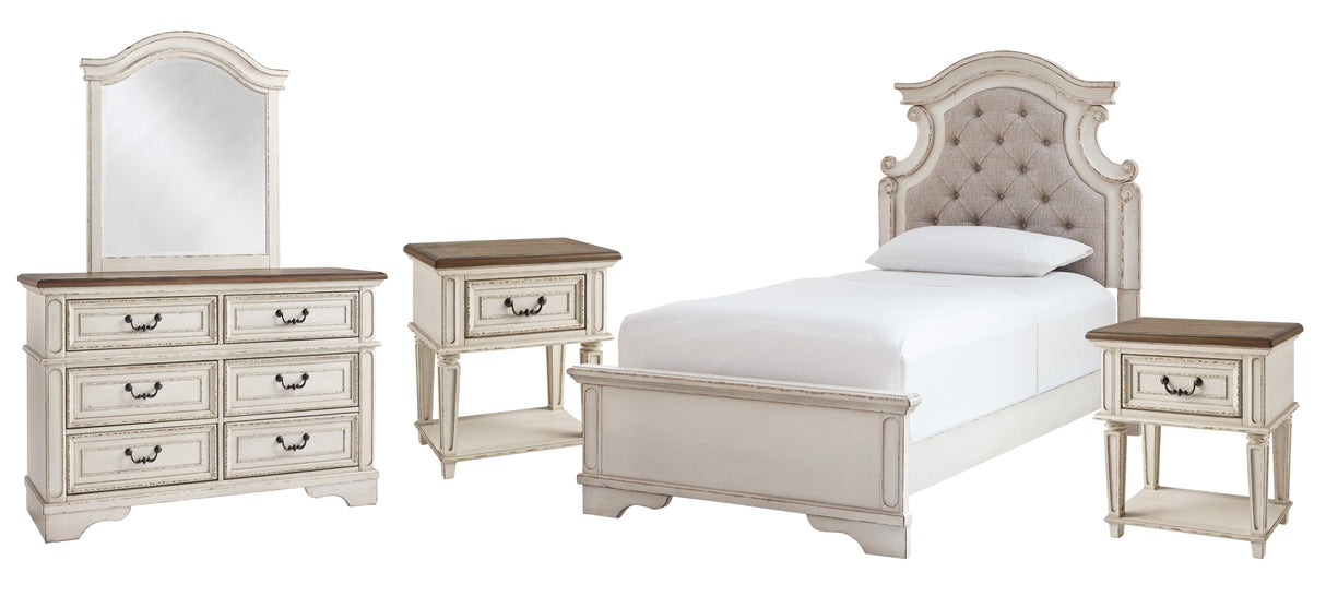 Realyn Chipped White Twin Panel Bed with Mirrored Dresser and 2 Nightstands from Ashley Furniture - Luna Furniture