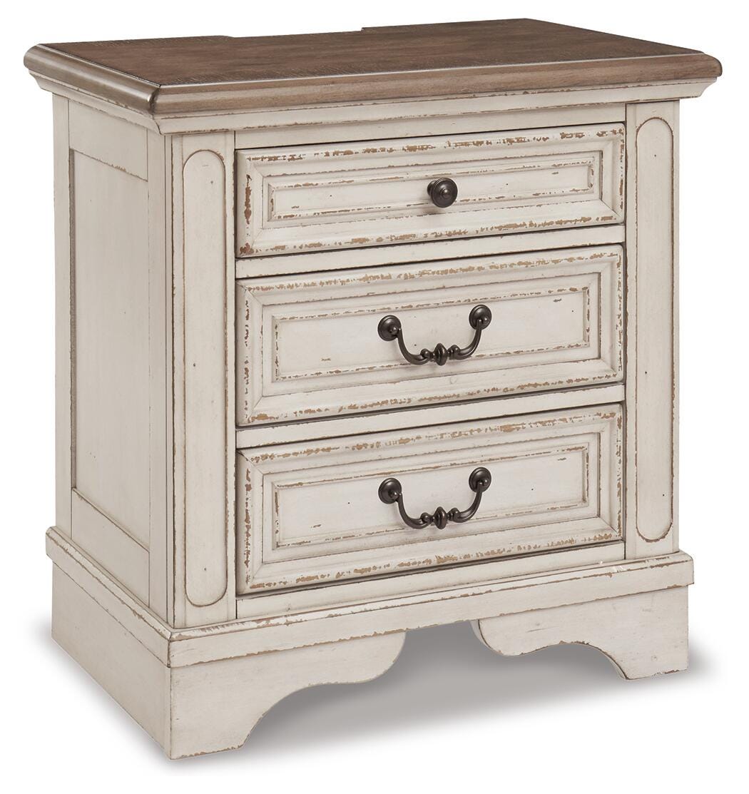 Realyn Chipped White Queen Upholstered Storage Bed, Dresser and Nightstand from Ashley Furniture - Luna Furniture