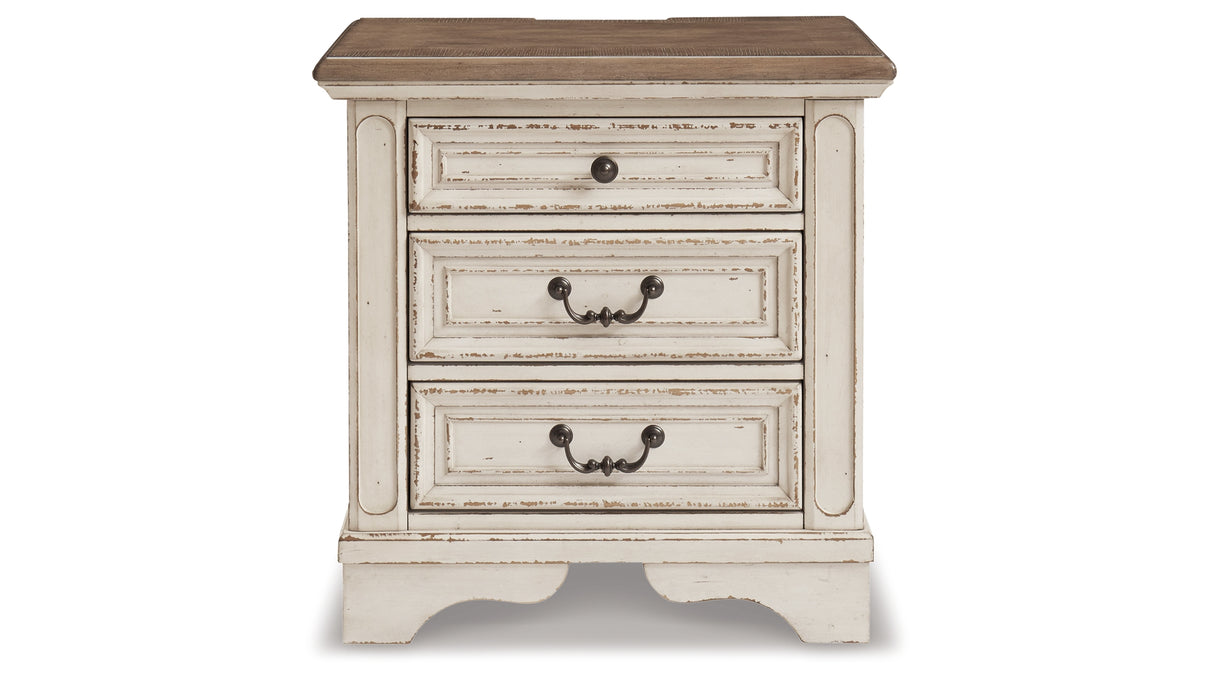 Realyn Antiqued Two-Tone Twin Upholstered Panel Bed, Chest, Vanity and Nightstand from Ashley Furniture - Luna Furniture