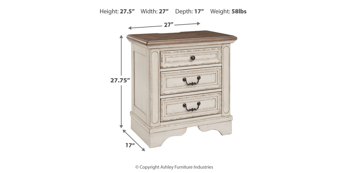Realyn Antiqued Two Tone Queen Upholstered Storage Bed, Dresser and Nightstand from Ashley Furniture - Luna Furniture