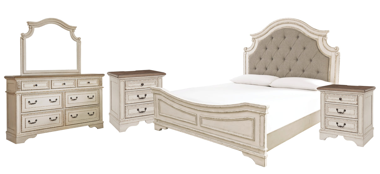 Realyn Chipped White King Upholstered Panel Bed with Mirrored Dresser and 2 Nightstands from Ashley Furniture - Luna Furniture