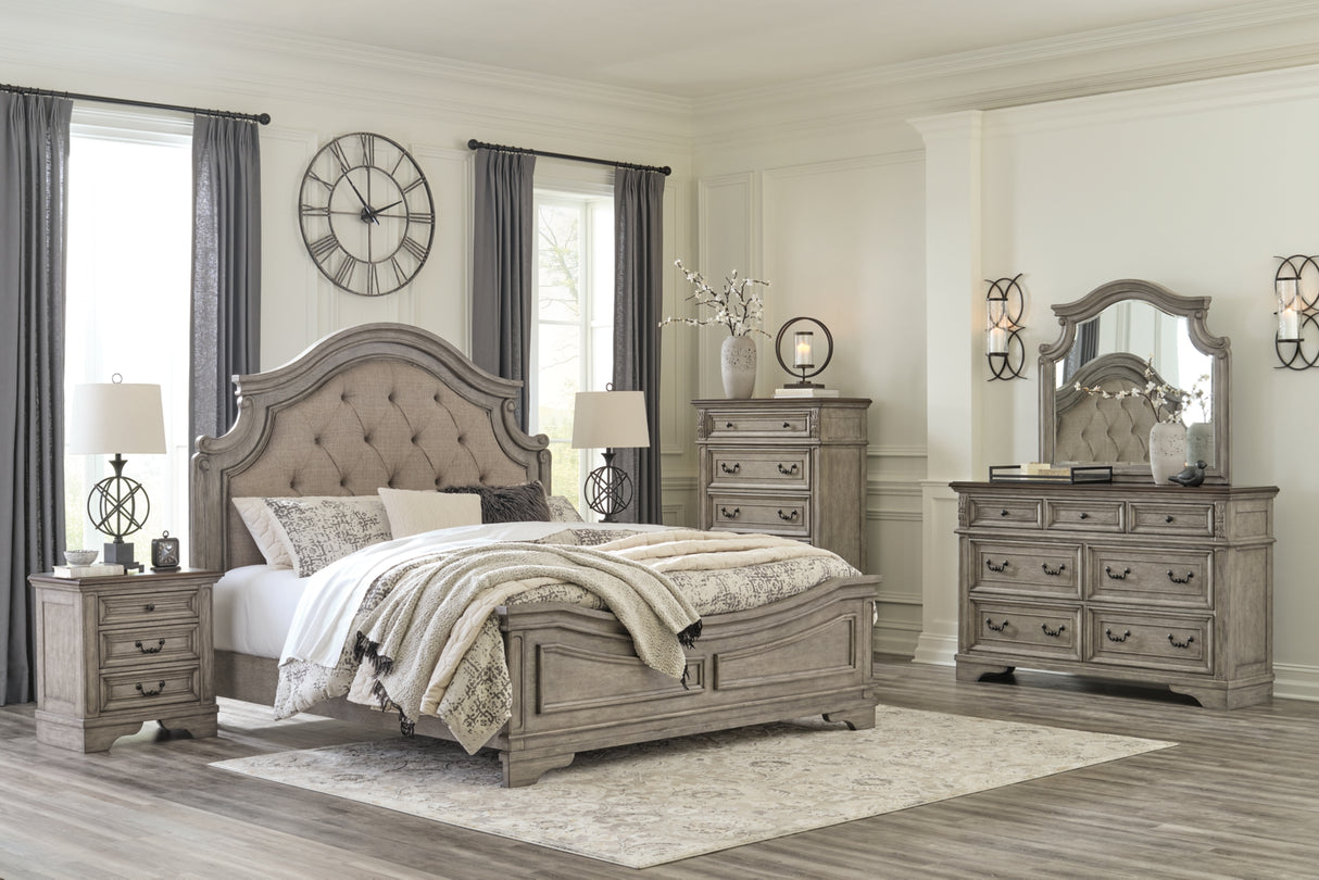 Lodenbay California King Panel Bed with Mirrored Dresser, Chest and 2 Nightstands in Antique Gray from Ashley - Luna Furniture