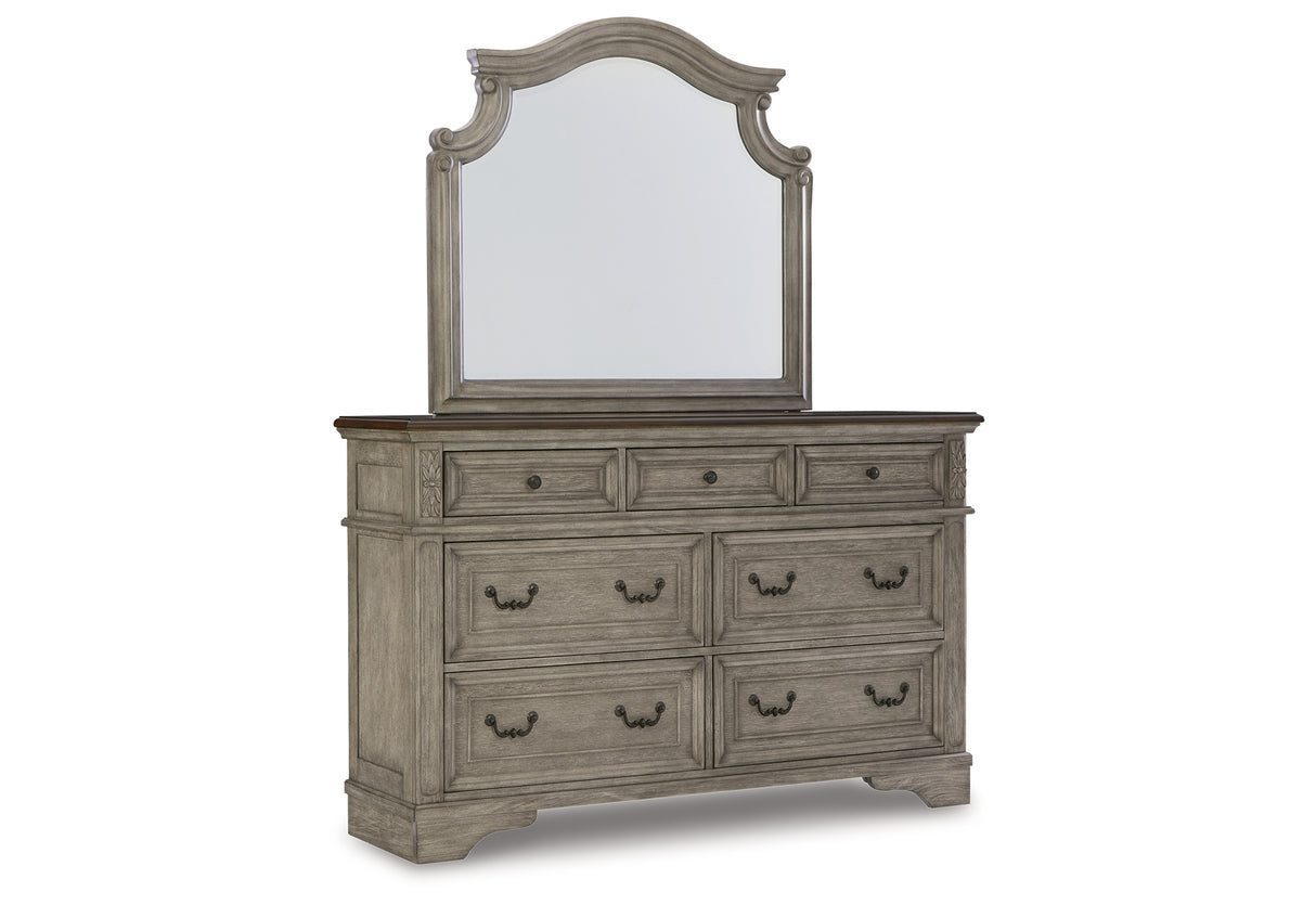 Lodenbay California King Panel Bed with Mirrored Dresser in Antique Gray from Ashley - Luna Furniture