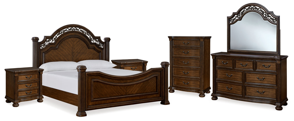 Lavinton King Poster Bed with Mirrored Dresser, Chest and 2 Nightstands in Brown from Ashley Furniture - Luna Furniture