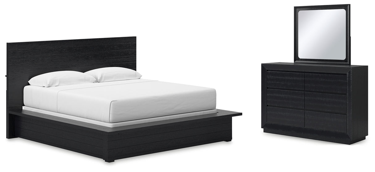 Londer Black King Panel Bed with Mirrored Dresser from Ashley - Luna Furniture