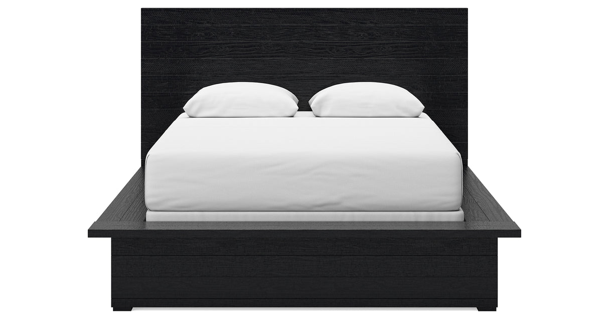 Londer Queen Panel Bed with Mirrored Dresser and 2 Nightstands in Black from Ashley - Luna Furniture