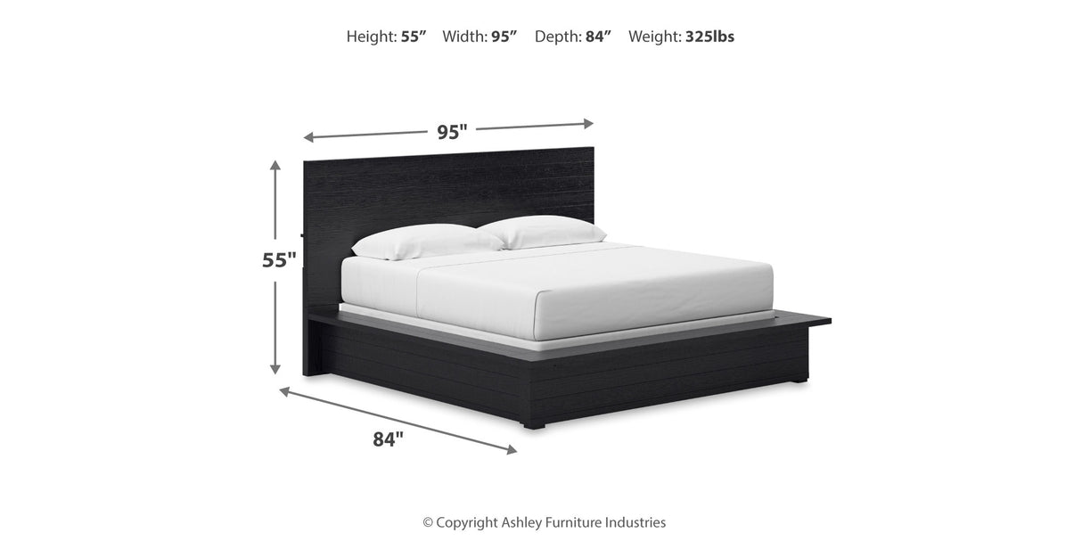 Londer King Panel Bed with Mirrored Dresser in Black from Ashley - Luna Furniture