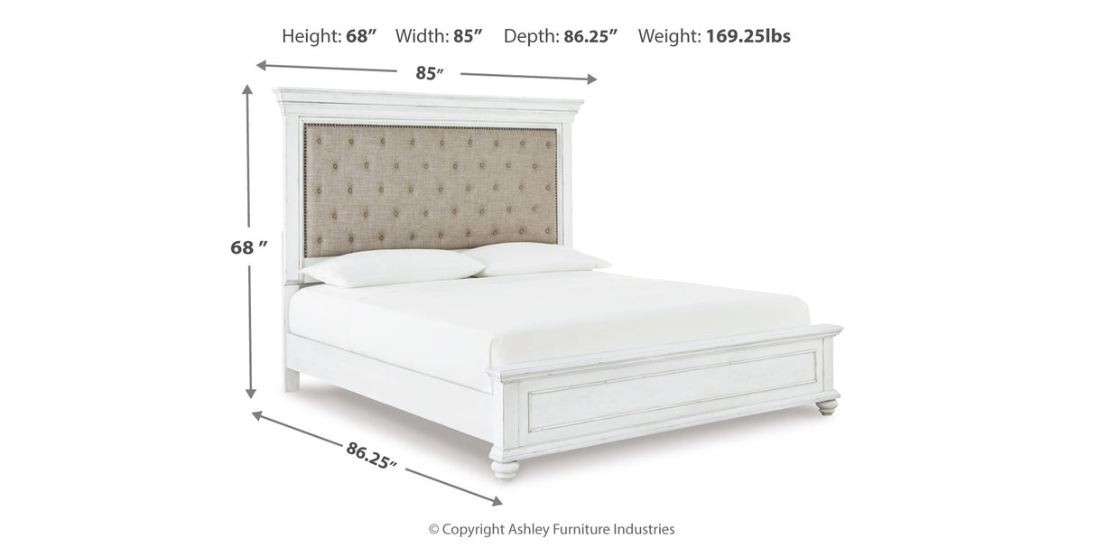 Kanwyn California King Panel Bed with Mirrored Dresser and Chest in Whitewash from Ashley Furniture - Luna Furniture