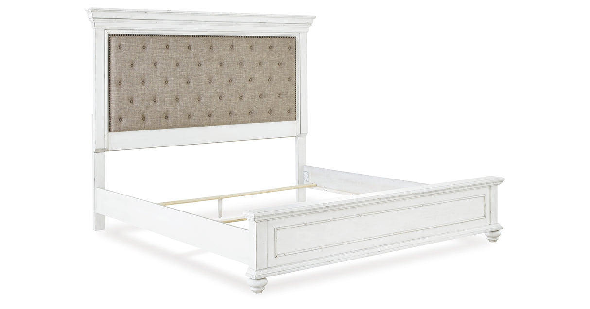 Kanwyn California King Panel Bed with Mirrored Dresser and Chest in Whitewash from Ashley Furniture - Luna Furniture