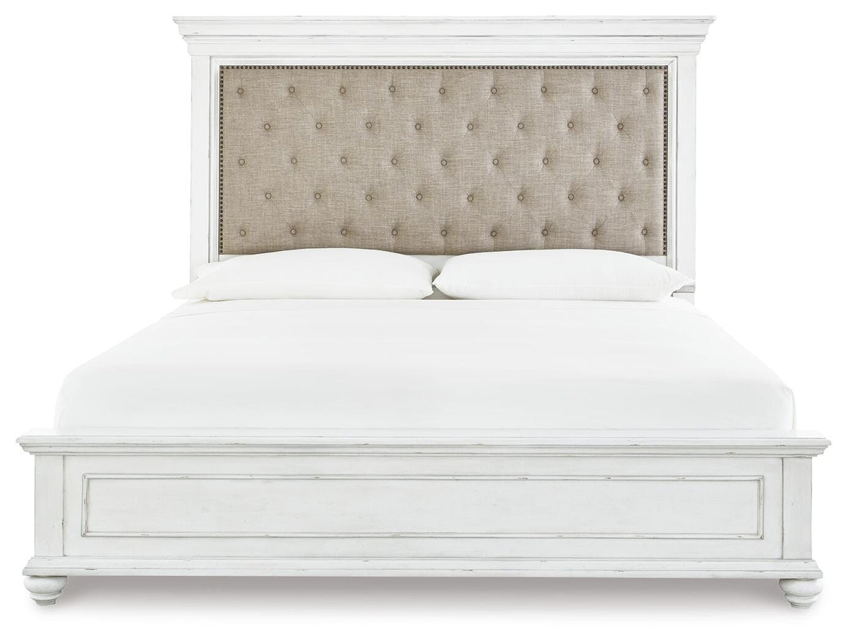 Kanwyn Whitewash King Upholstered Panel Bed, Dresser and Mirror from Ashley - Luna Furniture