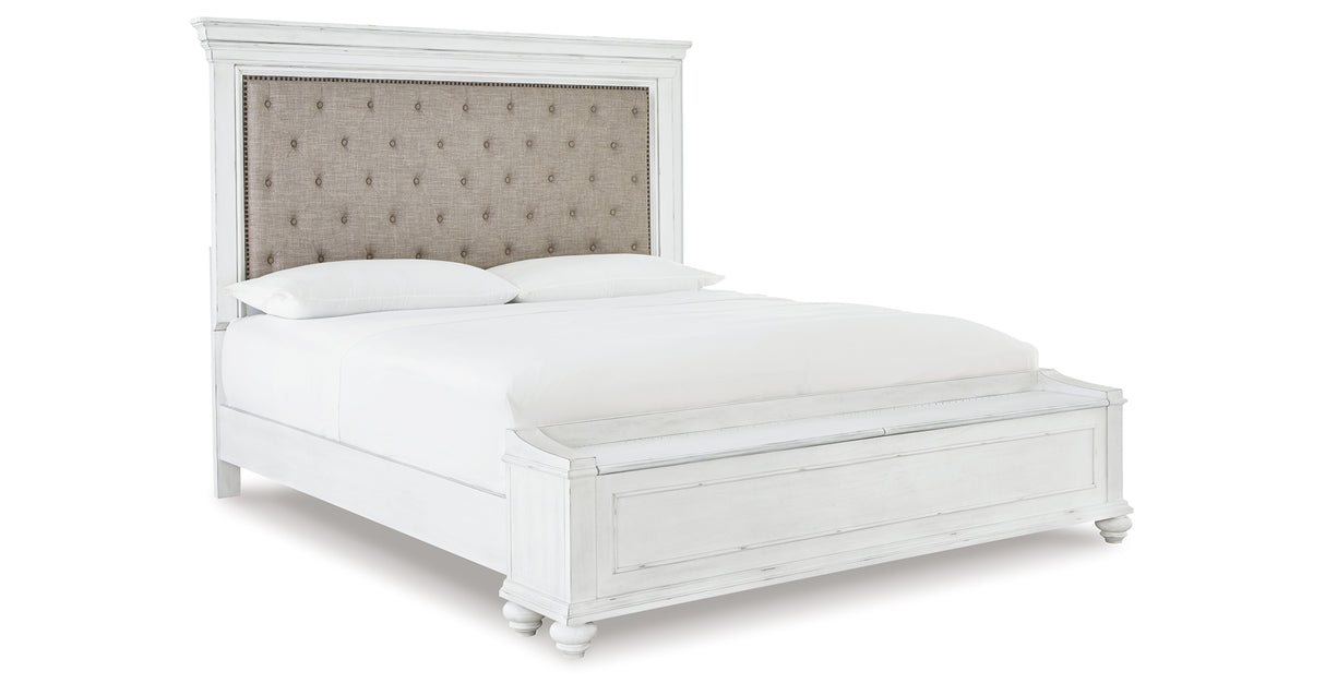Kanwyn Queen Panel Bed with Storage with Mirrored Dresser and 2 Nightstands in Whitewash from Ashley Furniture - Luna Furniture
