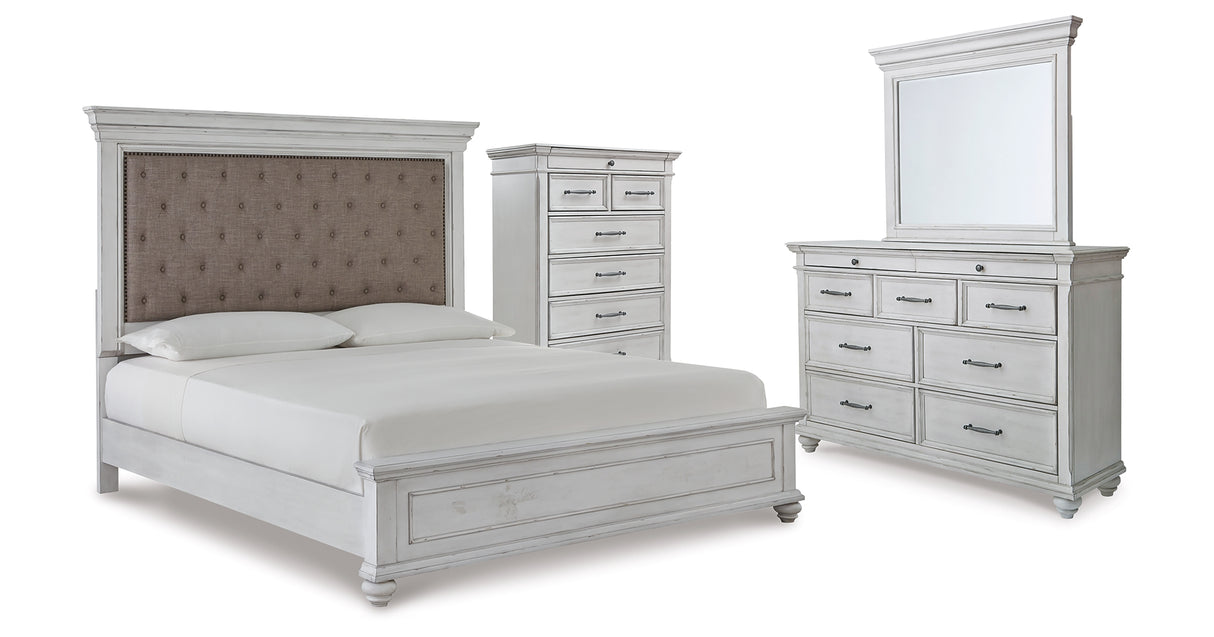 Kanwyn King Panel Bed with Mirrored Dresser and Chest in Whitewash from Ashley - Luna Furniture