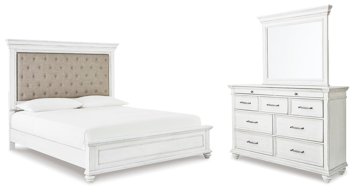 Kanwyn Whitewash King Upholstered Panel Bed, Dresser and Mirror from Ashley - Luna Furniture