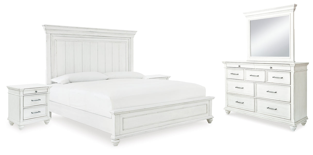Kanwyn Queen Panel Bed with Mirrored Dresser and 2 Nightstands in Whitewash from Ashley - Luna Furniture