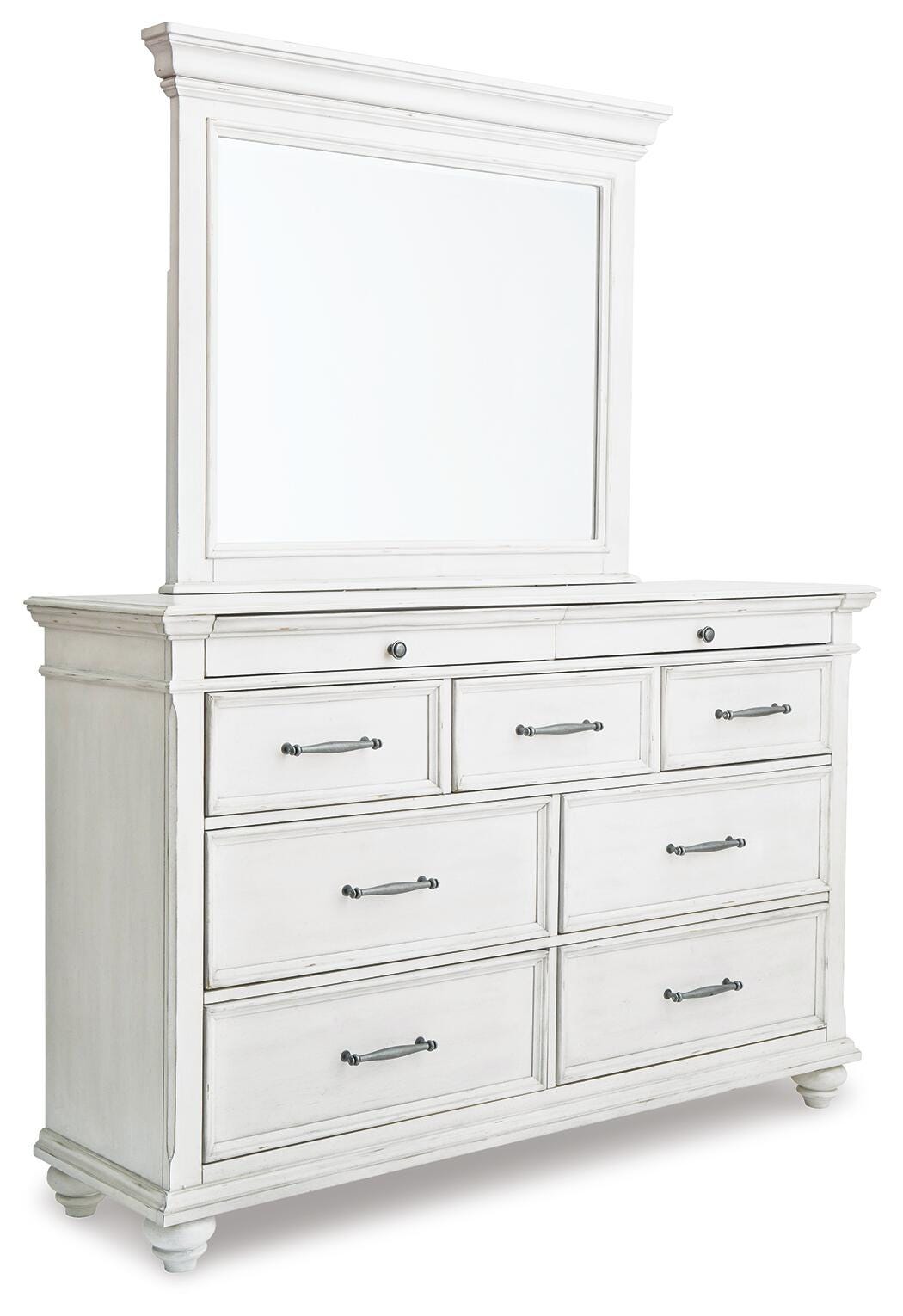 Kanwyn King Panel Bed with Mirrored Dresser, Chest and 2 Nightstands in Whitewash from Ashley - Luna Furniture